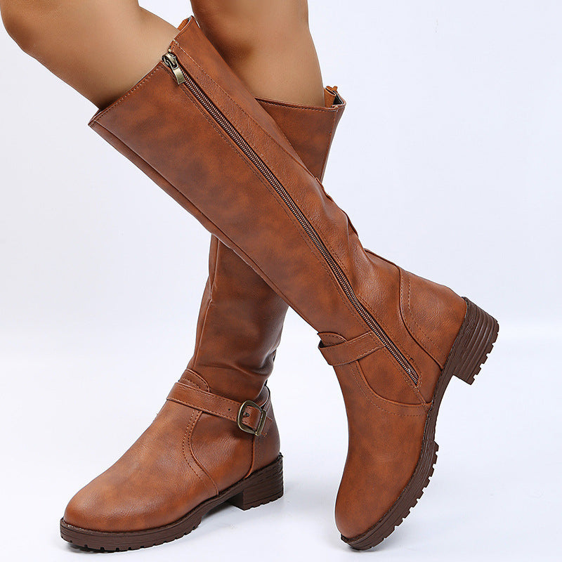 2026 Autumn/Winter Women's Zippered Low-Heel Tall Boots
