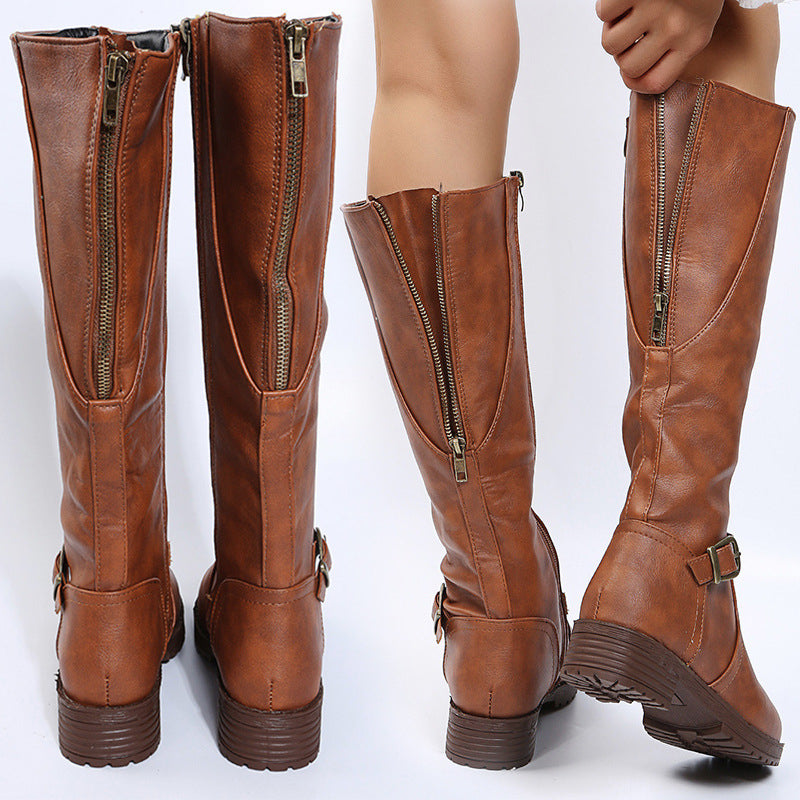 2026 Autumn/Winter Women's Zippered Low-Heel Tall Boots