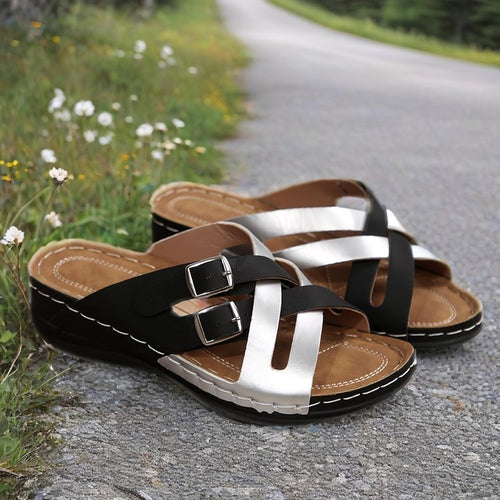 New Summer Color-Block Wedge Platform Sandals with Buckle Detail