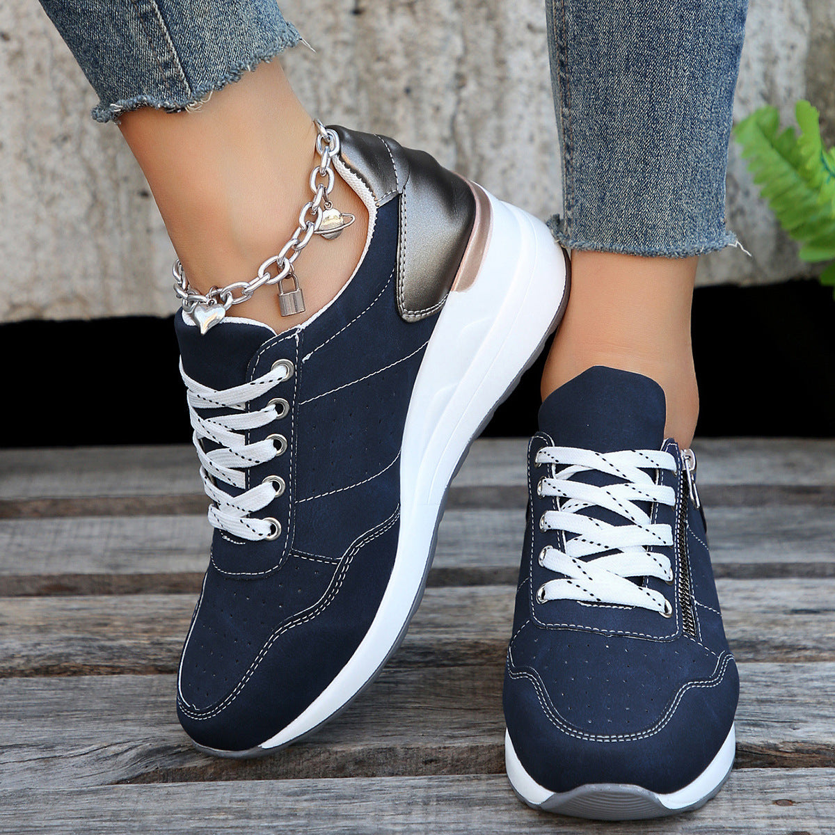 New Women's Lace-up Casual Sneakers with Laser-cut Detail, Platform Sole, and Plus-Size Options