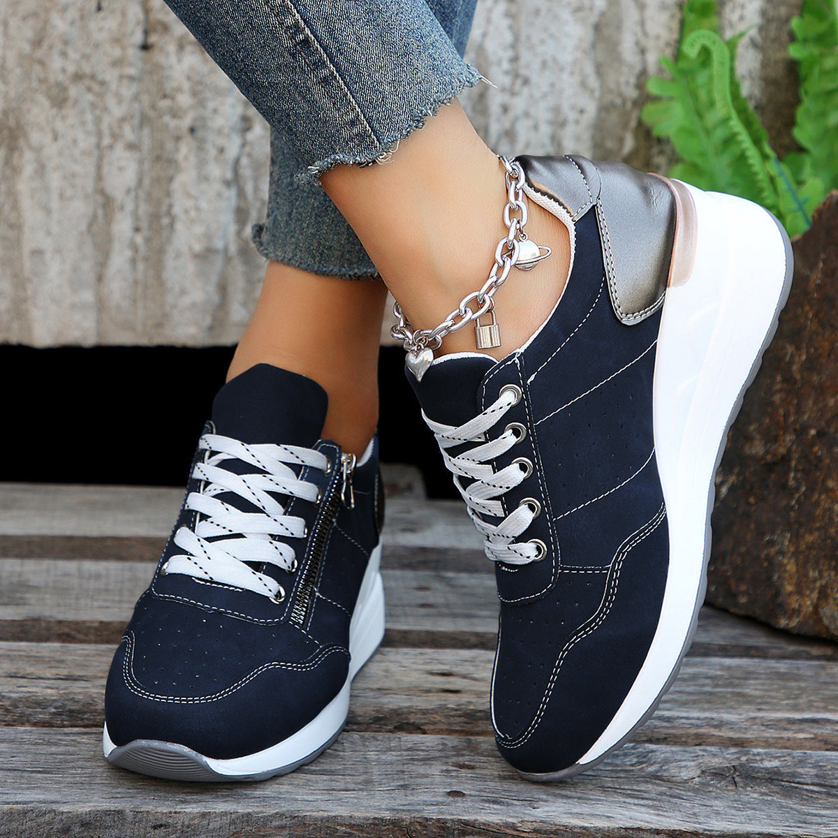 New Women's Lace-up Casual Sneakers with Laser-cut Detail, Platform Sole, and Plus-Size Options